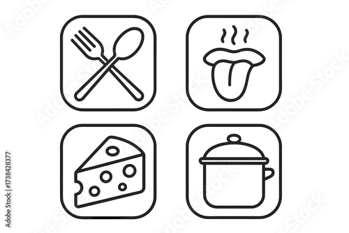 Food and cooking icon set. Vector line art collection. Isolated object of taste and product sign. Symbols for eating, flavor, restaurant menu, kitchen. Fork, spoon, tongue, cheese, pot.
