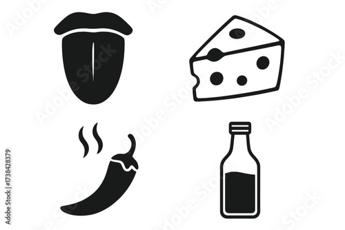 Food taste and flavor icon set collection. Tongue, spicy hot chili pepper, cheese and sauce bottle symbols. Vector graphic illustration for gourmet, product and seasoning.