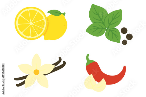Herbs and spices vector icon set. Food seasoning and taste ingredients. Isolated lemon, basil, peppercorn, vanilla flower, chili pepper and garlic. Cooking concept flat illustration.