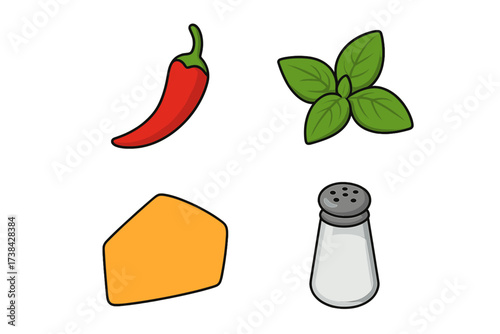 Food ingredients and seasoning vector icon set. Collection of isolated cartoon kitchen elements for cooking. Includes spicy chili pepper, fresh basil herb, salt shaker and cheese.