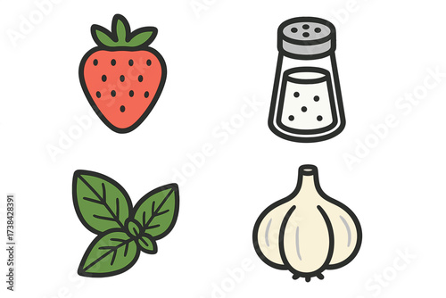 Food ingredients icon set with strawberry, salt shaker, basil leaves, and garlic. Vector illustration of fresh food and seasonings. Isolated collection for taste and flavor concepts.