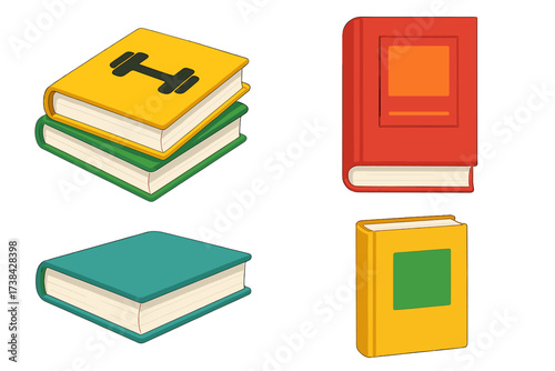 Set of cartoon book icons. Vector illustration collection for education, library, and learning. Includes a fitness training manual with a dumbbell symbol for health and exercise.