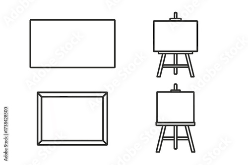 Art canvas and easel line icon set. Blank white board for painting or drawing. Artist's wooden tripod stand. Empty picture frame for gallery, presentation, or mockup template.