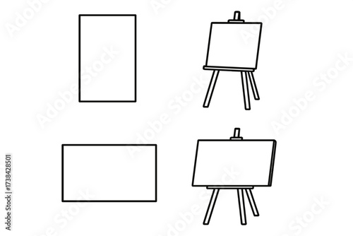 Art easel with blank canvas vector line icon set. Empty white board for painting, drawing, or presentation. Artist stand display equipment outline illustration. Mockup template.