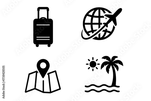 Travel icon set vector graphic. Tourism, vacation, and journey symbols. Luggage, worldwide flight, map pin destination, and summer beach holiday. Simple glyph pictogram collection.