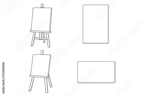 Artist easel with blank canvas vector line icon set. Empty white board on wooden stand for painting or drawing. Art studio equipment. Mockup for creative work or presentation.