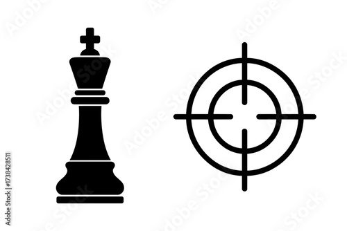 Chess king in the crosshairs, a business strategy metaphor. Targeting the leader for a checkmate. Concept of competition, goal, ambition, success, and winning the game.