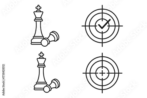 Vector icon set of checkmate and target. Business strategy concept. Chess game for victory, success, goal achievement. Thin line symbols for competition, focus, and winning.