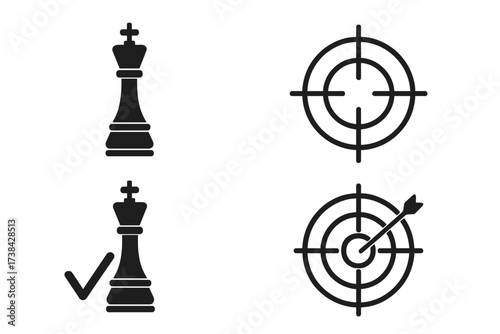 Vector business strategy icon set. Chess king checkmate and target with arrow in the bullseye. Concept of success, goal achievement, victory, and winning marketing plan.