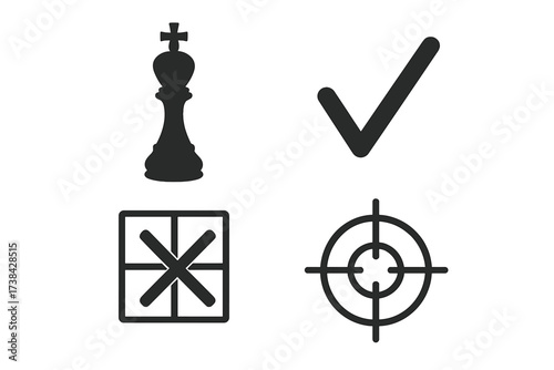 Vector icon set of business strategy symbols. Chess king for leadership and checkmate, checkmark for success and approval, target for goal and focus. Concepts of winning, victory.