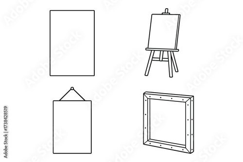 Blank canvas and easel vector icon set. Line art for artist. Empty frame for painting, gallery or presentation mockup. Art school supplies outline. Drawing artwork template.