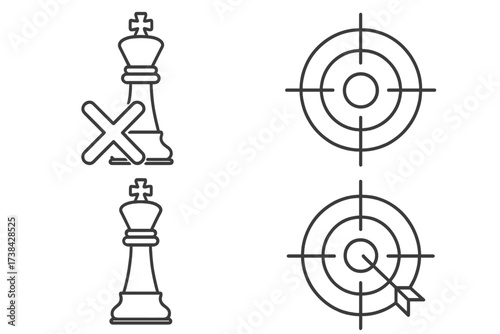 Checkmate and target vector icon set. Chess king for strategy, win, loss concept. Bullseye with arrow for goal achievement. Business metaphor for success and failure.