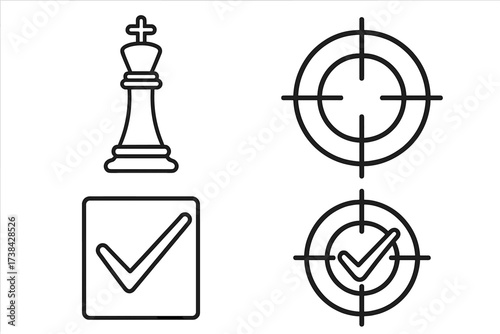 Checkmate and success icon set. Vector icons for business strategy, goals, and achievement. Chess king for leadership, target for objectives, and check mark for completion.