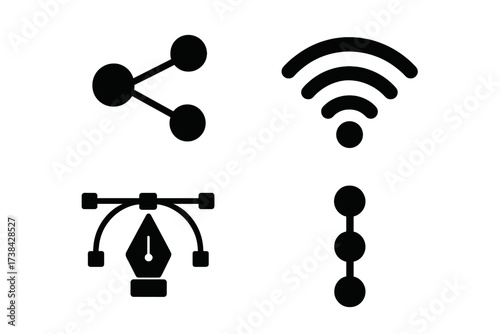 Vector icon set of connection and design symbols. Share, Wi-Fi, pen tool, and timeline glyphs. For graphic design, web, and user interface. Network connectivity concepts.