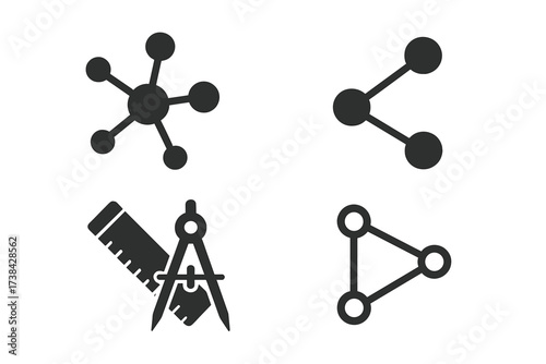 Vector icon set of connection and design symbols. Includes network, hub, share, molecule, and drafting tools. Flat glyphs for technology, data, web, engineering, and science.