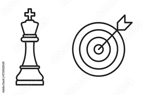 Chess king and target with arrow icon. Business strategy, goal, success, and achievement concept. Leadership, precision, checkmate, focus and bullseye symbol design.