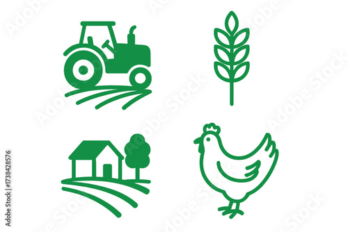 Agriculture icon set. Farming and breeding vector logo design. Tractor, wheat, farm, chicken symbols. Agribusiness, harvest, rural life, and poultry concept illustrations.