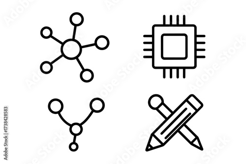 Vector icon set of connection, network, and design symbols. Includes CPU, microprocessor, communication hub, and creative tools. Technology and business concepts isolated.