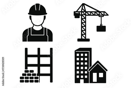 Construction building icon set. Vector symbols for worker, crane, scaffolding, real estate. Engineer, architecture, property development, and industry graphic elements.