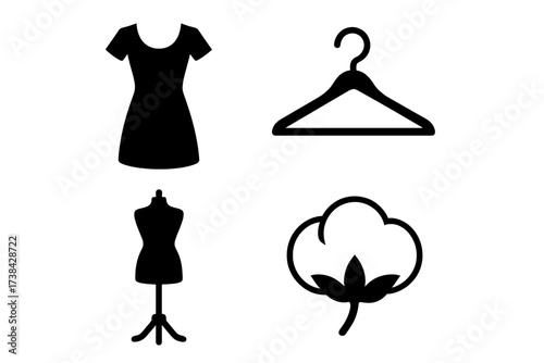 Fashion and garment industry icon set vector. Dress, hanger, tailor mannequin, and cotton symbols. Apparel design, sewing, boutique, and natural organic fabric concept signs.