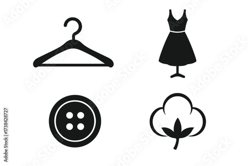 Vector design of fashion and garment symbol collection. Set of clothing icons for tailoring. Hanger, dress on mannequin, sewing button, and natural cotton plant graphic.