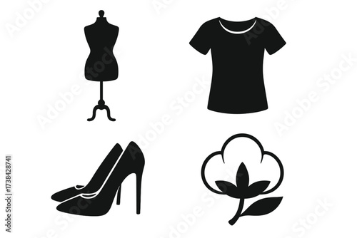 Fashion and garment vector icon set. Clothing design symbols collection. Mannequin, t-shirt, high heels and cotton plant silhouette. Apparel, textile, boutique graphic elements.