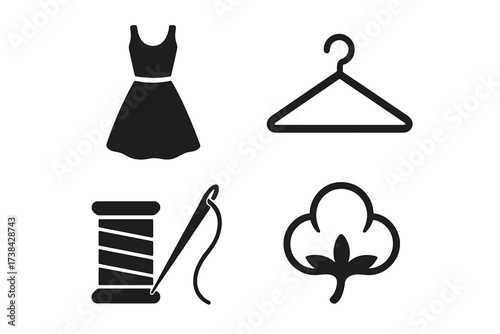 Vector icon set of fashion and garment symbols. Collection includes dress, clothes hanger, sewing needle with thread, and cotton plant. For tailoring, textile industry, boutique.