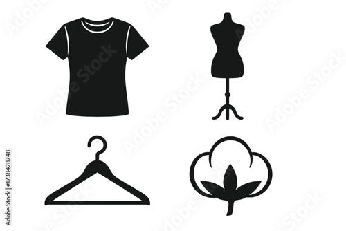Fashion and garment icon set. Vector collection of t-shirt, mannequin, hanger, and cotton symbols. Apparel industry, tailoring, sewing, and textile production concept.