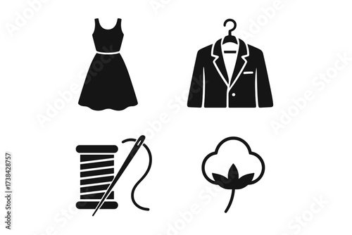 Fashion and garment industry icon set. Vector symbols of dress, suit on hanger, sewing thread with needle, and cotton plant. Clothing production and tailoring glyph collection.
