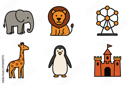 Zoo and amusement park icon set. Vector collection of cute cartoon animals: elephant, lion, giraffe, penguin. Entertainment symbols including Ferris wheel and fairytale castle.