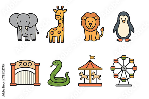 Vector icon set of cute zoo animals and amusement park elements. Cartoon fauna collection with elephant, giraffe, lion, penguin, snake. Entertainment and funfair symbols.