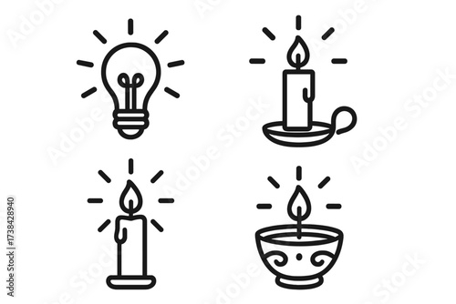 Light sources line icon set. Lightbulb for innovation, idea, energy. Wax candle and diya oil lamp for tradition, spirituality, history. Vector outline pictogram collection.