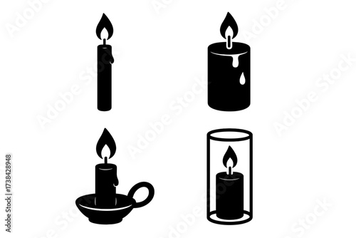 Candle icon set vector collection. Black silhouette of burning candles with flame and wax. Includes pillar candle, candlestick holder, and memorial vigil light designs.