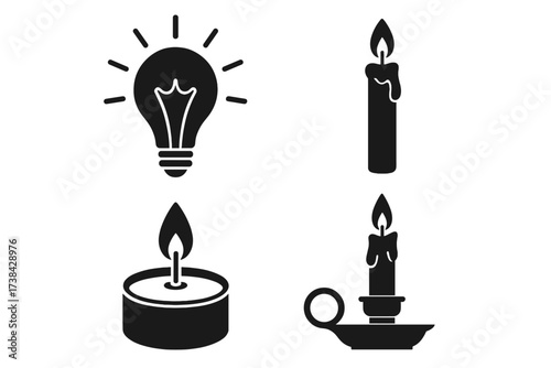 Vector icon set of light sources. Lightbulb and candles collection. Metaphor for idea, energy, and illumination. Classic wax candle and modern electric lamp silhouette symbols.