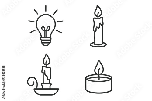 Light icon set vector collection. Line art symbols of lightbulb and candles. Electric lamp, wax candle, candlestick, and tealight icons. Metaphor for idea, energy, and illumination.