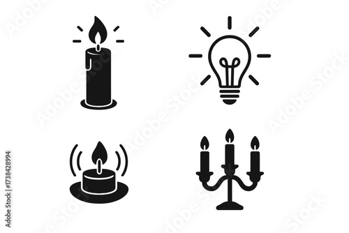 Light and wax icon collection. Vector design of candles, lightbulb, and candelabrum. Concept for idea, illumination, energy, and candlelight. Isolated black glyph pictogram set.