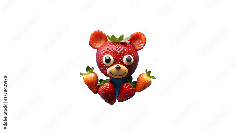Naklejka premium Strawberry Fruit Bear Creative Artwork on Blue Plate sky blue white and transparent background