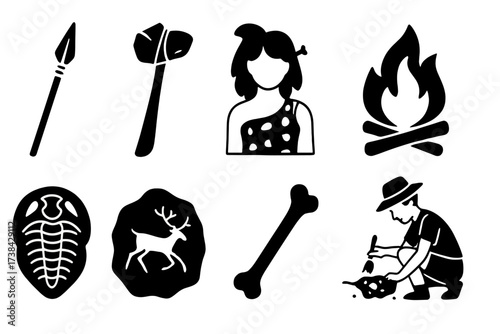 Vector set of primitive and archeology icons. Symbols of stone age, evolution, prehistory. Includes cavewoman, ancient tools, rock art, fossils, and archeologist at dig site.