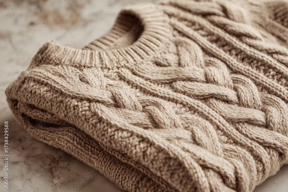 Fototapeta premium Cozy, luxurious cable knit sweater draped elegantly on a marble surface, perfect for winter fashion and comfort lifestyle visuals