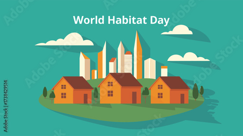 World Habitat Day illustration with village homes and urban skyline, promoting inclusive housing, sustainable development, and global awareness 