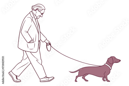 Elderly Man Walking Dog Vector Illustration on White Background