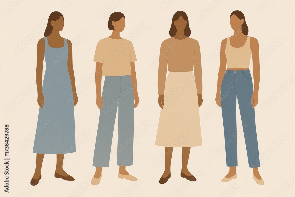 Obraz premium Stylized Illustration of Four Women in Casual Fashion Outfits