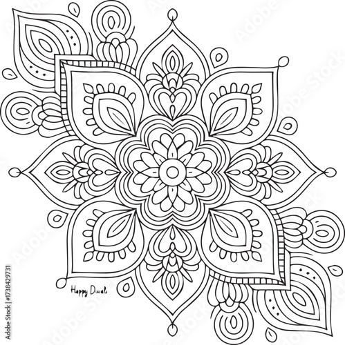 Intricate line art mandala rangoli design for coloring and festive decorations