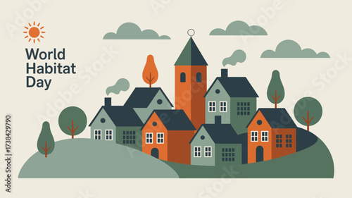 World Habitat Day illustration with colorful village homes, trees, and sun—celebrating sustainable living and inclusive housing awareness 