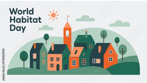 World Habitat Day illustration with colorful village homes, tower, trees, and sun—celebrating sustainable living and inclusive housing awareness
