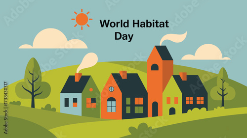  World Habitat Day illustration with colorful homes, green hills, clouds, and sun—celebrating sustainable living and inclusive housing awareness