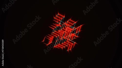 Neon 3D animation of squares, diamonds, and dots. Maze icon. Puzzle design. Randomly rotating cube with colorful glow, flame rays. Cosmic body. Technology, medicine, business, sound wave, 4K