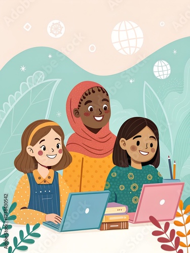 Wallpaper Mural Diverse group of young women working together on laptops in a colorful illustration Torontodigital.ca