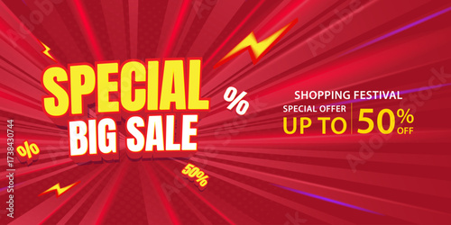 Special Offer Vector Template with 3D Text. Red background, limited-time sale event, with a huge discount. Perfect for sales on the web or social media.