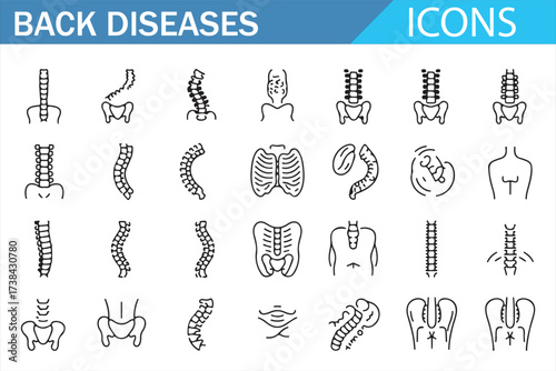 Simple Line Icons of Back Diseases, Spine, and Health Conditions